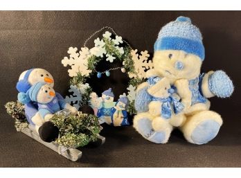 Adorable Blue & White Snowman Items- Stuffed Snowman With Baby-Stuffed Snowmen On Sled & Wreath