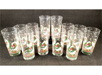 Twelve Vintage Libbey Holiday Geese & Wreath Highball Glasses