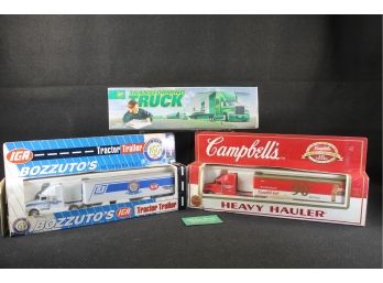 Group Of Three Vintage With BP Transforming Truck, IGA Bozzuto's Tractor Trailer & Campbells Heavy Hauler 90th