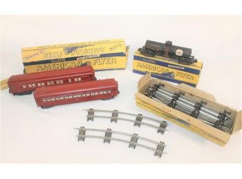 American Flyer 's' Gauge With 912 Koppers Tanker, 955 Passenger Car, 952 Pullman Car & Straight & Curved Track