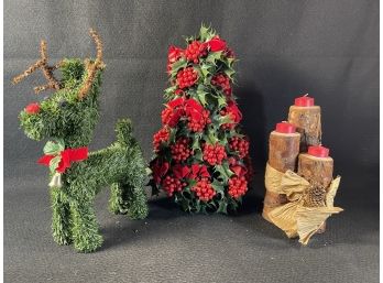 Vintage Berry Christmas Tree, Topiary Reindeer & Small Bundled Log Candle