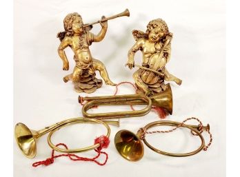 Happy Holidays - Trio Of Brass Decorative Horns & Pair Of Gold Tone Cherub Figurines