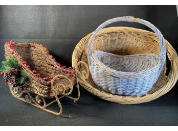 Extra Large Basket To Store Your Blanket, Smaller Handled Basket For Your Pinecones & A Twig Sleigh For....