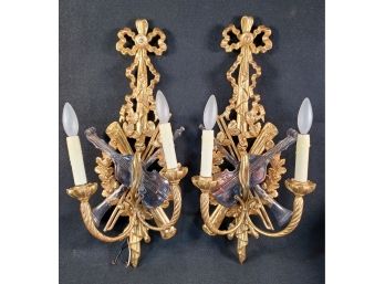 Pretty Pair Of Italian Painted Resin Ornate Lighted Double Arm Wall Sconces