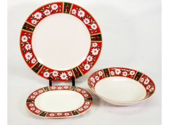 Three Vintage Charlton Hall By Kobe Japan Classic Traditions Holiday Themed Serving Platters & Bowl