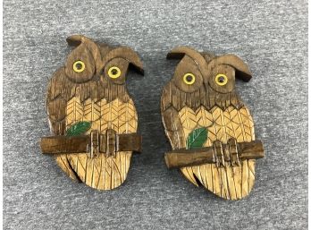 Pair Of Hand Carved Wood Owls