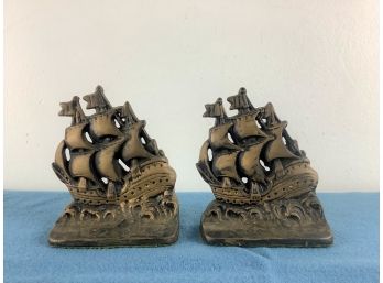 Pair Of Heavy Brass Ship Book Ends