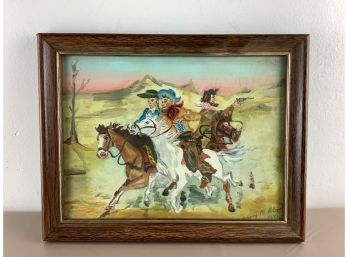 Signed Framed Painting Of Cowboys On Canvas