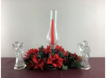 Faux Poinsettia Table Center Piece With Glass Candle Holder And 2 Clear Glass Angels