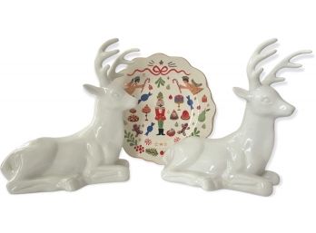 Rifle Paper Company Nutcracker Plate And A Pair Of Ceramic Deer.