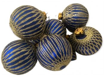 Twelve Vintage Blue Glass Ornaments With Gold Sparkle