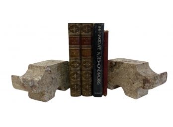 Pair Of Rhino Carved And Polished Travertine Bookends