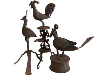 Trio Of Primitive Metal Bird Oil Lamps