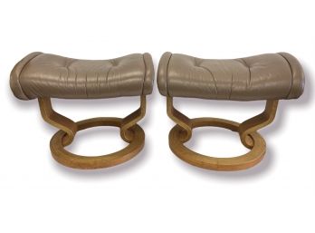 Vintage Pair Of Ekornes Stressless Classic Wood Hourglass Ottomans