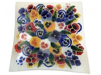 Vintage Art Glass Platter Bright Pansies