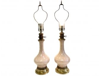 Pair Of Mid Century Pink Crackle Glass Lamps