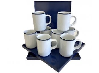 Eight Dansk Concerto Allegro Blue Mugs And 3 MCM Trays By Mann