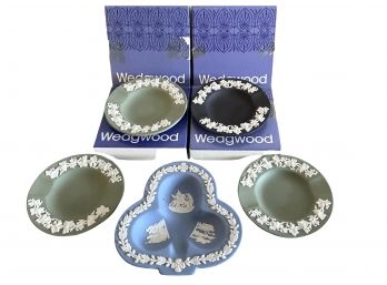 Five Wedgwood Jasper Ashtrays In Blue, Sage And Black (c)