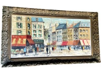 Vintage Signed  Parisian Street Scene Oil On Canvas 37' X  21'