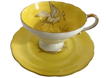 Vintage Yellow Crane Fine Bone China Teacup And Saucer(B)