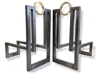 Pair Of MCM Andirons Powder Coated Iron With Brass Accents