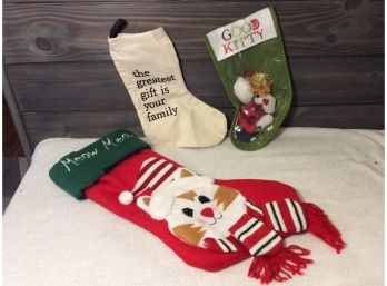 Lot Of 3 Christmas Stockings - 2 Cat And 1 Family