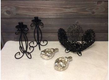 Metal Basket, Candlestick Holders And Bird Tea Light Holders