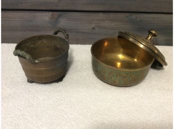 Small Brass Decorative Bowl With Lid And Bucket With Handles