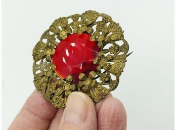 Superb Large Victorian Pressed Brass Brooch With Unusual Florette Prongs Fur Brooch With Facetted Red Glass