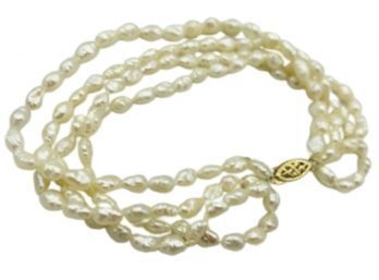 BEAUTIFUL NATURAL FRESH WATER BAROQUE PEARLS MULTI STRAND BRACELET WITH 14K SOLID GOLD CLASP