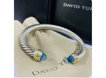 David Yurman Sterling Silver 14K Gold And Blue Topaz Cable Bangle Bracelet ~ Brand New In Box