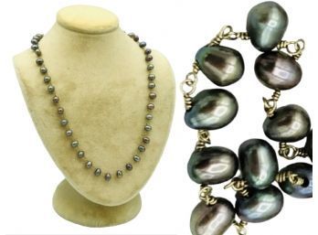 Exquisite Strand Of Rare Tahitian Black Peacock Pearls And Solid 18K Gold Necklace