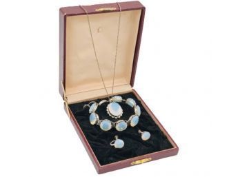 Striking Vintage Art Deco Sterling Silver Opaline Moonstone Glass Bracelet Necklace Earrings Boxed Set