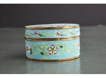 Beautiful Oval Brass Box With Hand Painted Flowers And Enameled Inside And Outside