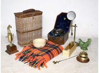 An Assortment Of Vintage Decor - Camera, Wool Blanket, And More