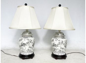 A Pair Of Ceramic Ginger Jar Lamps With Rosewood Bases