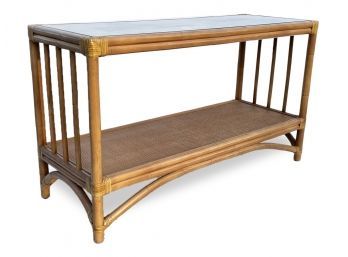 A Vintage Rattan Console By Lane Furniture With Glass Top
