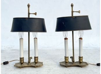 A Pair Of Vintage Brass Lamps With Metal Shades