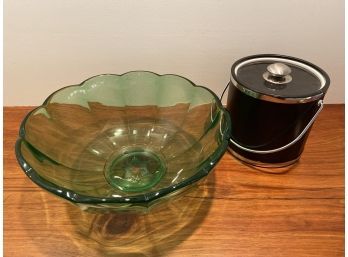 Green Glass Bowl 15x6.5' Kraftware Ice Bucket 8x8'