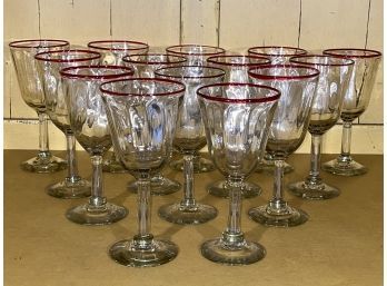 14 Red Rimmed Hand Blown Water Or Wine Glasses