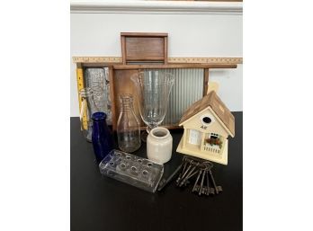 A Decorative Collection Of Old Milk Bottles, Antique Washboards And  Flower Vases.