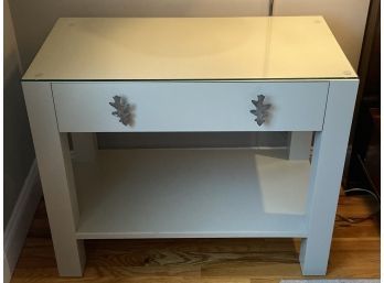 Grey Nightstand With Metal Oak Leaf Pulls And Glass Top 32x17x27' Lot 1 Of 2