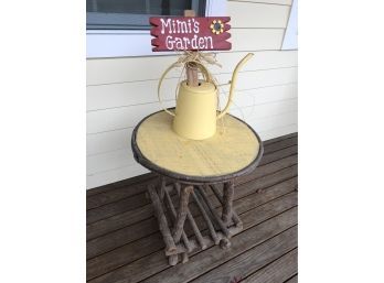 Wood Branch Table Round 19x23' Watering Can And Mimis Garden Sign