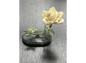 Beautiful Ceramic Rose With Metal Stem  On Green Marble Base