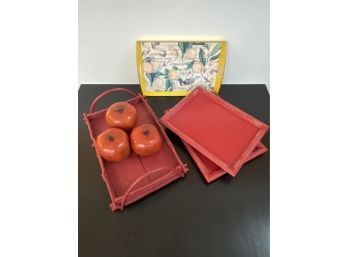 4 Trays,  1 Rustic Branch And Board Tray, 2 Red Pottery Barn Trays,  1 Yellow Lemons Michel Design Works Tray