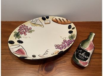 Clay Art Buon Vino Hand Painted Serving Platter 17x14' And Olive Dish 10.5x3'