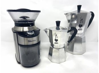 Pair Of Bialetti Moka Pots And Sboly Coffee Grinder