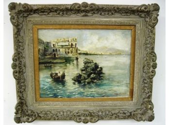 Listed Artist E DeAngelis Early 1900s Mediterranean Coastal Scene Oil Painting