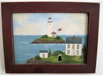 Listed Maine Artist Diana Card Folk Art  Painting Shoreline With Lighthouse