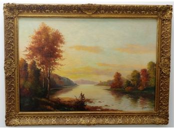 Large Antique Hudson River School Autumn Landscape Oil Painting Signed Turner